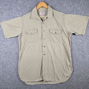 VTG 60s Creighton USN Regulation Shirt Men Medium Tan Short Sleeve Sanforized